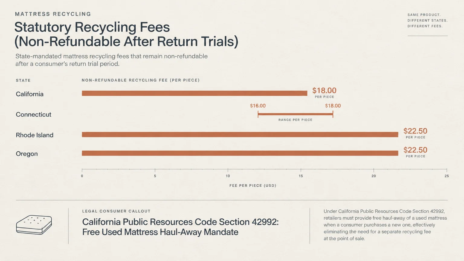 Bar chart comparing state non-refundable mattress recycling fees across California, Connecticut, Rhode Island, and Oregon.