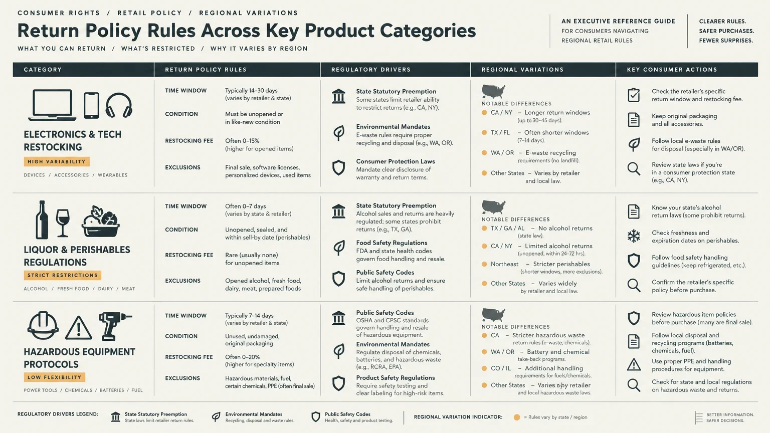 Table detailing return policy rules, regulatory drivers, regional variations, and consumer actions across retail categories.