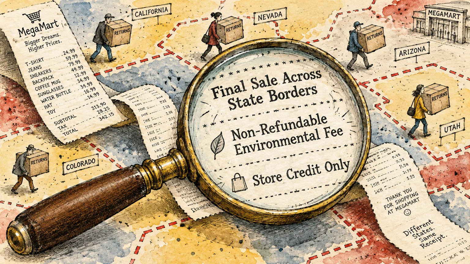 Illustration of shoppers carrying return boxes across a state map viewed through a magnifying glass highlighting store fees.