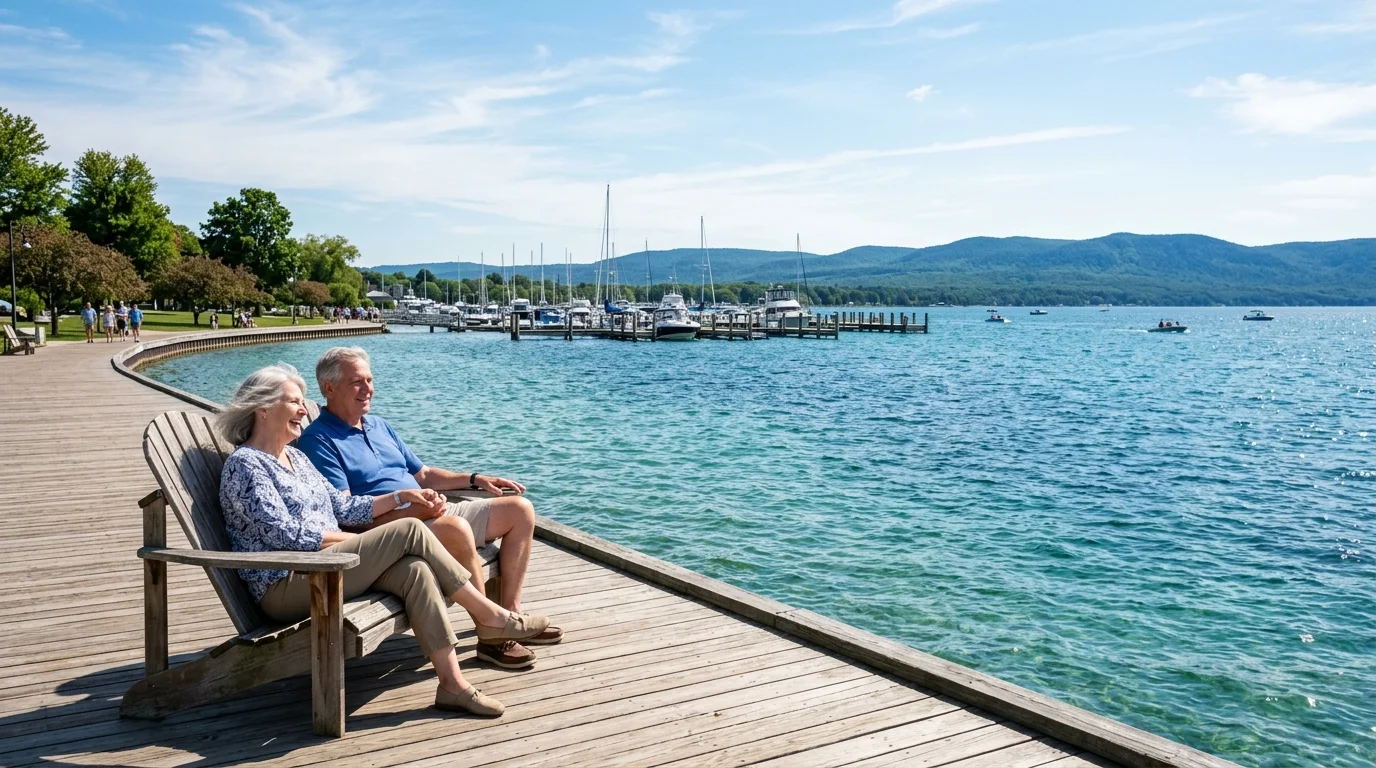 Older couple sitting in wooden chairs on a lakeside boardwalk overlooking a marina and turquoise water on a sunny day.