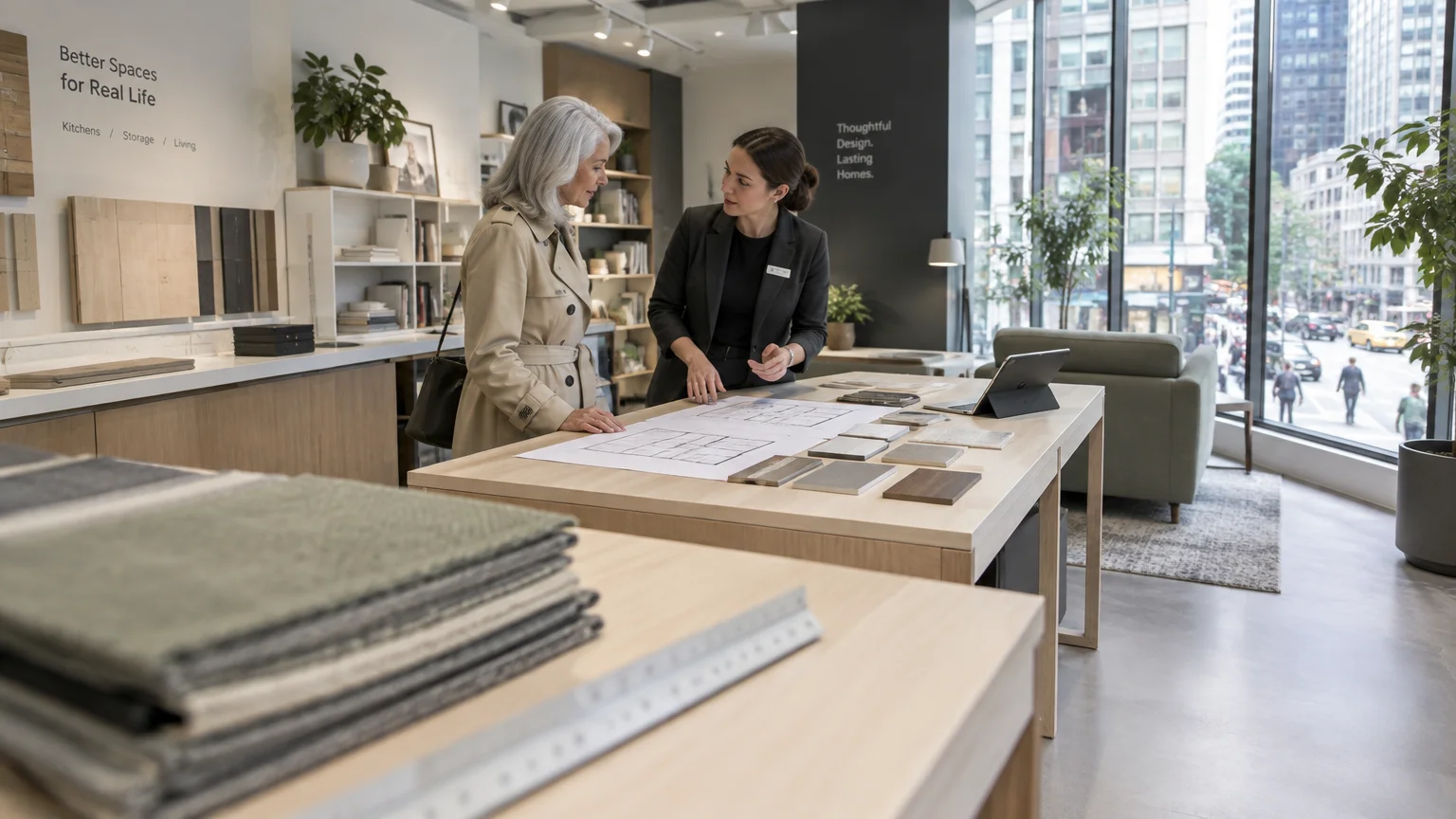 A store associate reviews architectural floor plans with a customer over a wooden table inside a bright design studio.
