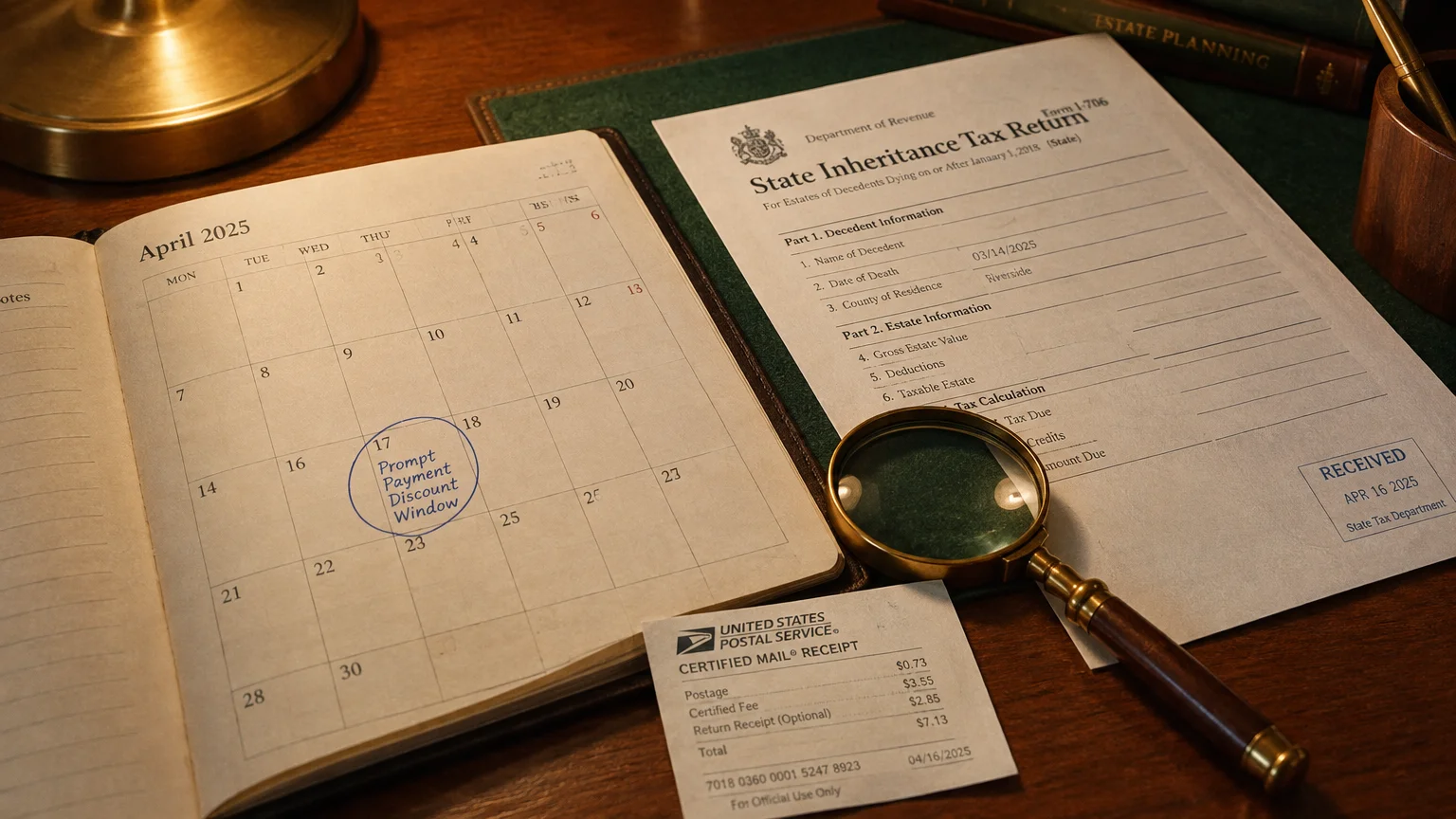 Desk with a calendar marking a prompt payment discount window, state inheritance tax return, certified mail receipt, and magnifier.