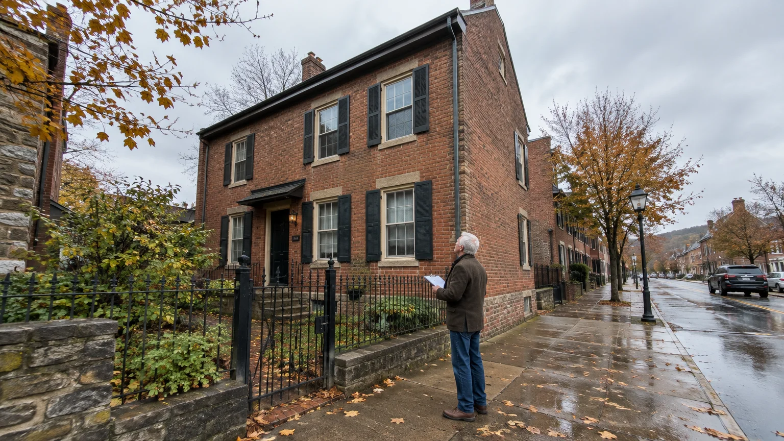 A man holding a clipboard stands on a wet sidewalk looking up at a two-story brick house behind a black iron fence.