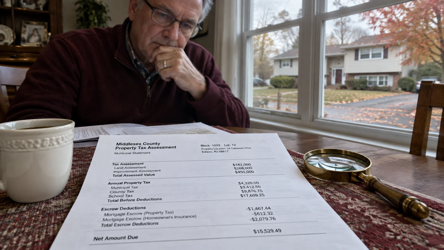 A man looks over a Middlesex County property tax statement on a table next to a magnifying glass and coffee mug.