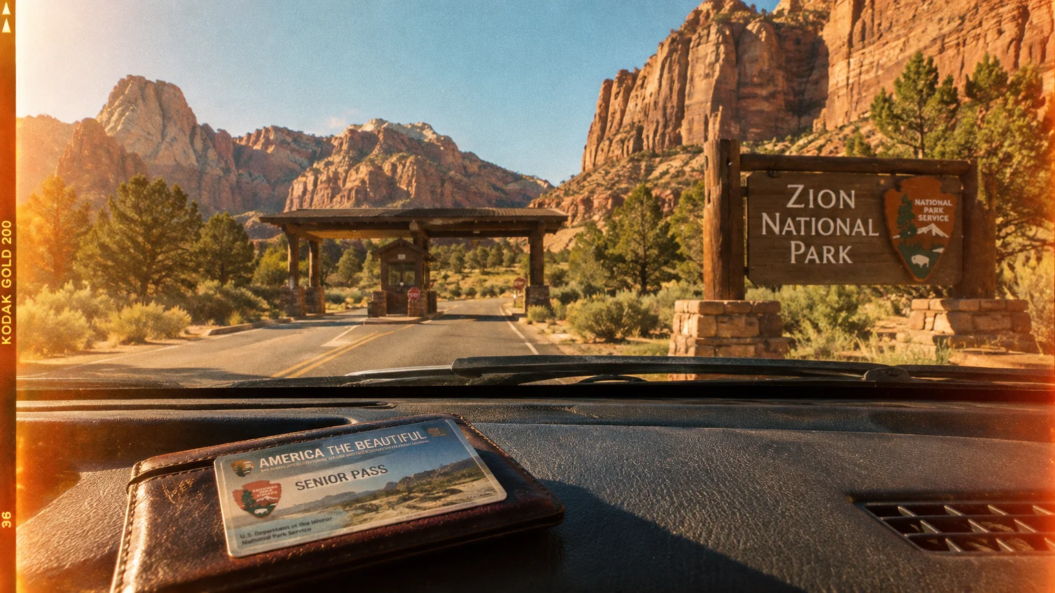 Senior Pass on a car dashboard facing the Zion National Park entrance sign and booth with red rock cliffs ahead.