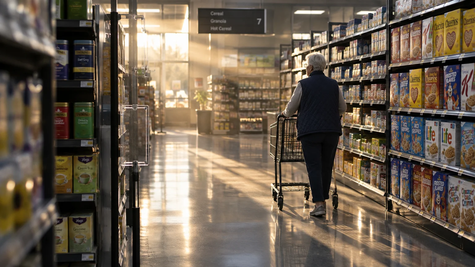 An older adult pushes a shopping cart down a sunlit cereal aisle in a quiet, empty grocery store.