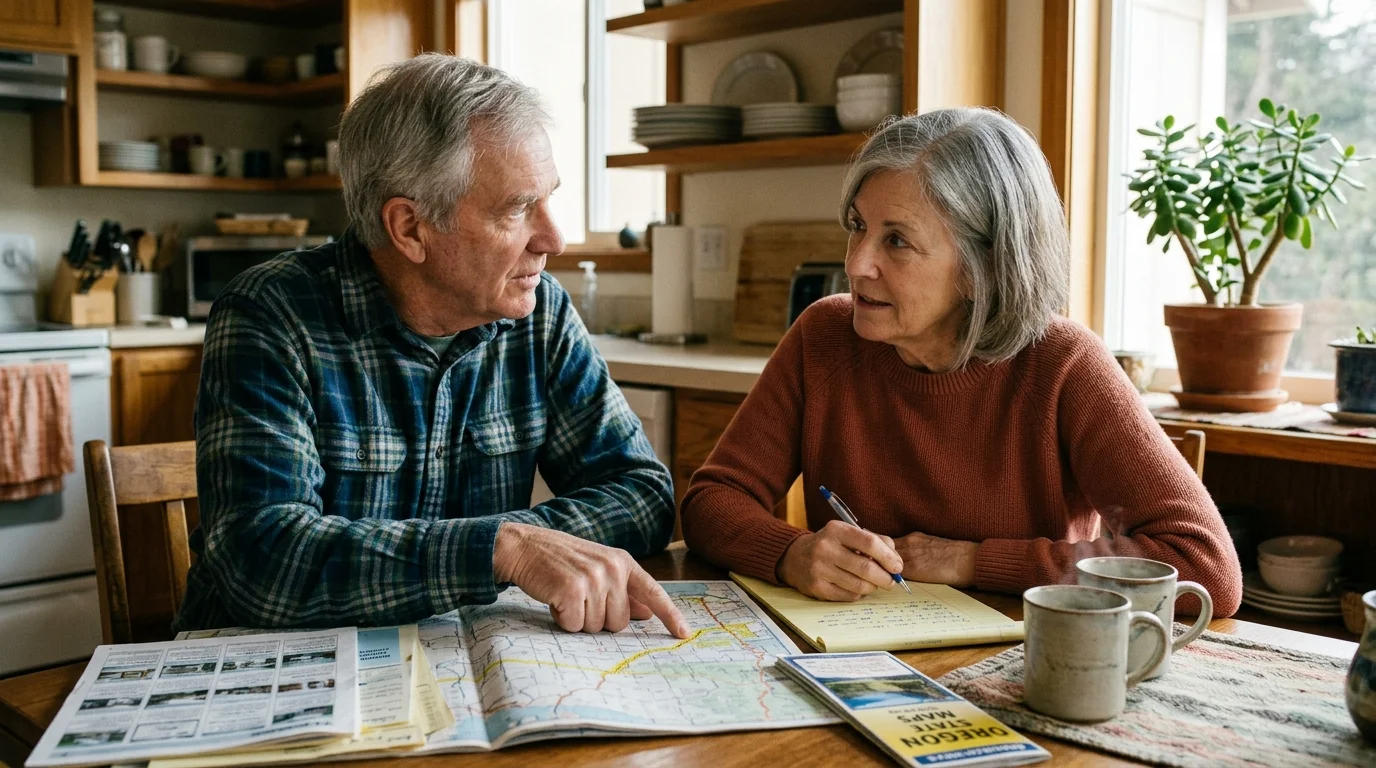 Senior couple sitting at a kitchen table reviewing a road map, brochures, and notes together.