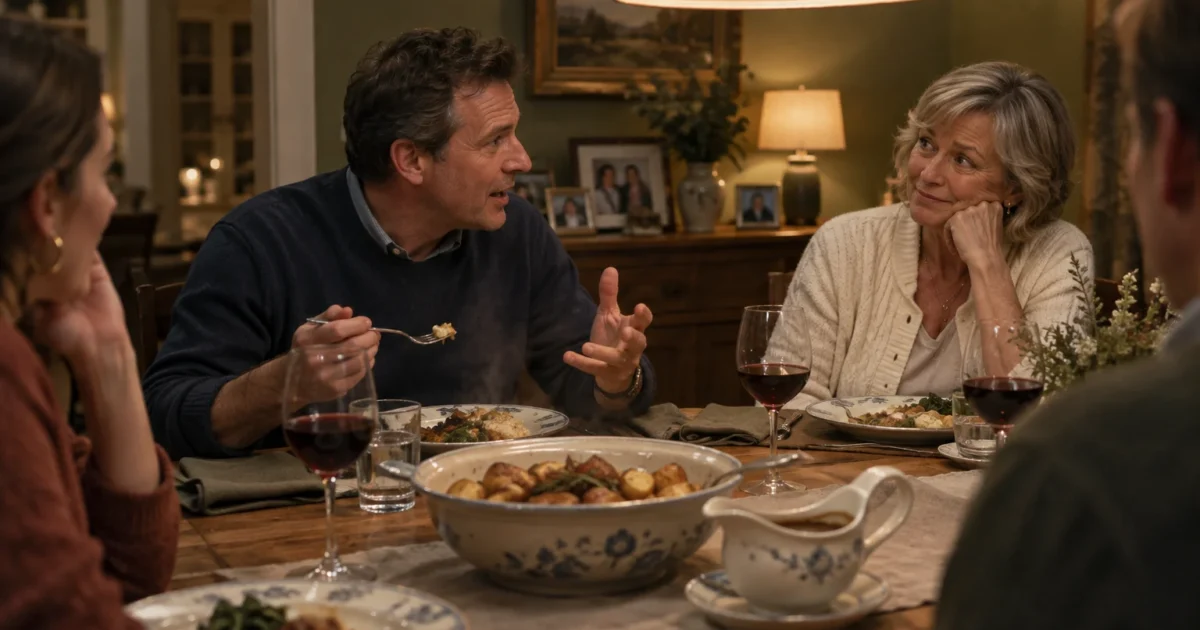 A family talks together around a dining table set with roasted potatoes, gravy, and glasses of red wine.