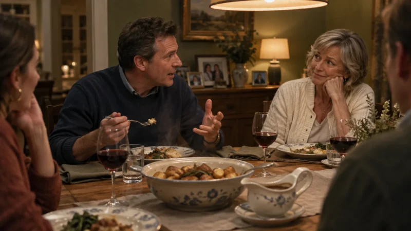 A family talks together around a dining table set with roasted potatoes, gravy, and glasses of red wine.