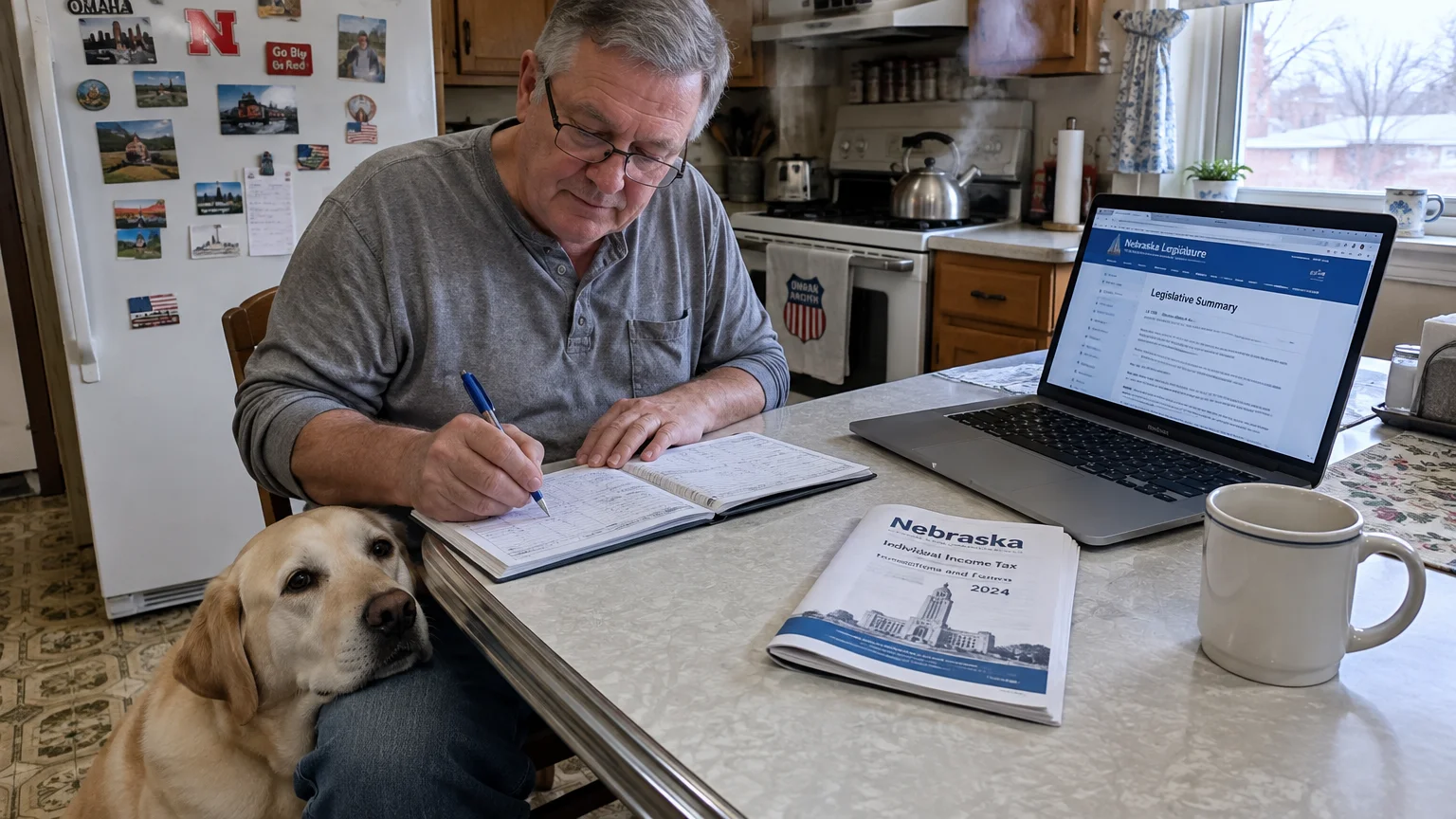 A senior man sits at a kitchen table with a dog on his lap, writing in a ledger beside a laptop and tax booklet.