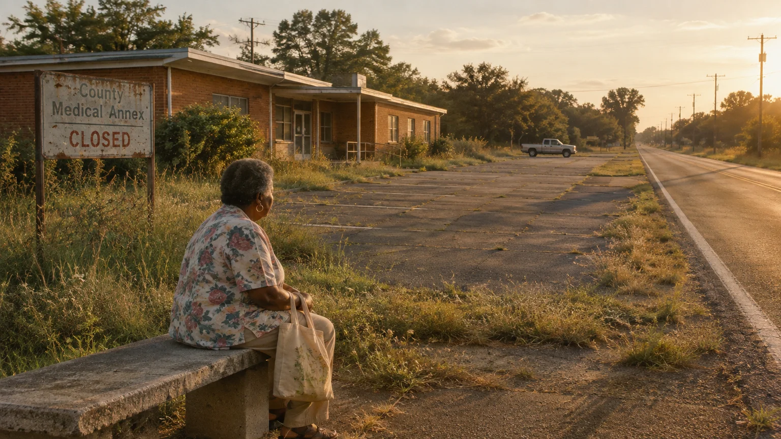 A senior woman sits on a concrete bench facing a closed county medical annex beside an empty rural road.
