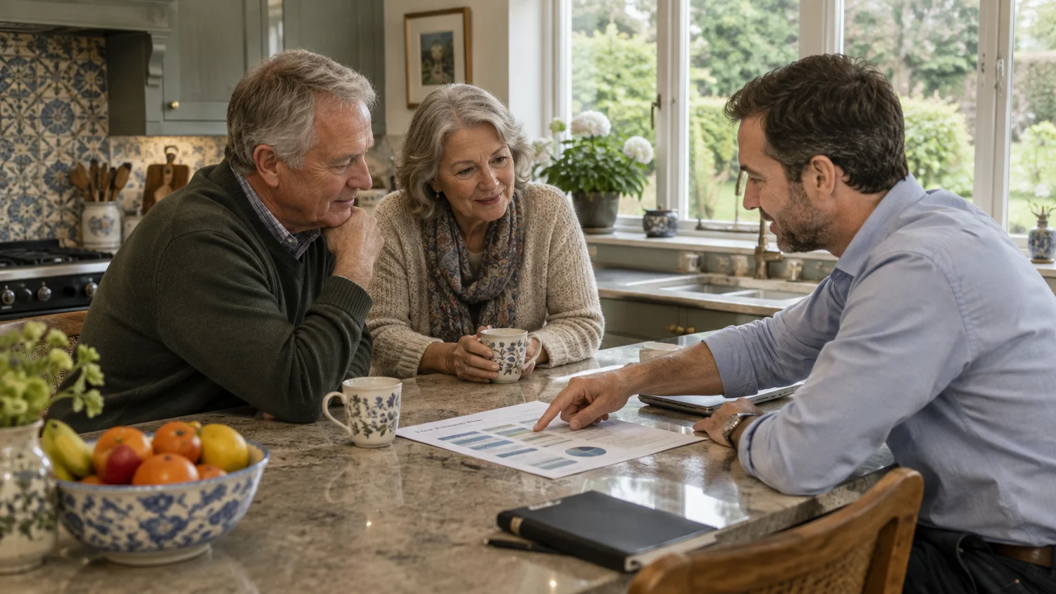 A man reviews financial planning paperwork at a kitchen island with an older couple holding mugs.
