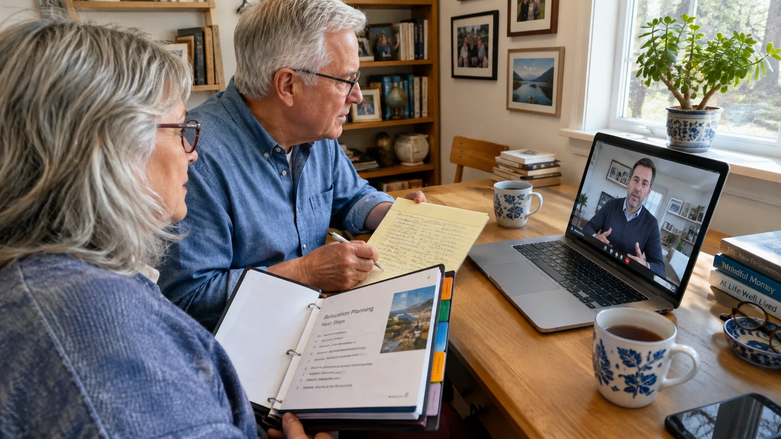 Older couple having a video call on a laptop at a wooden desk with relocation planning binders and notes.