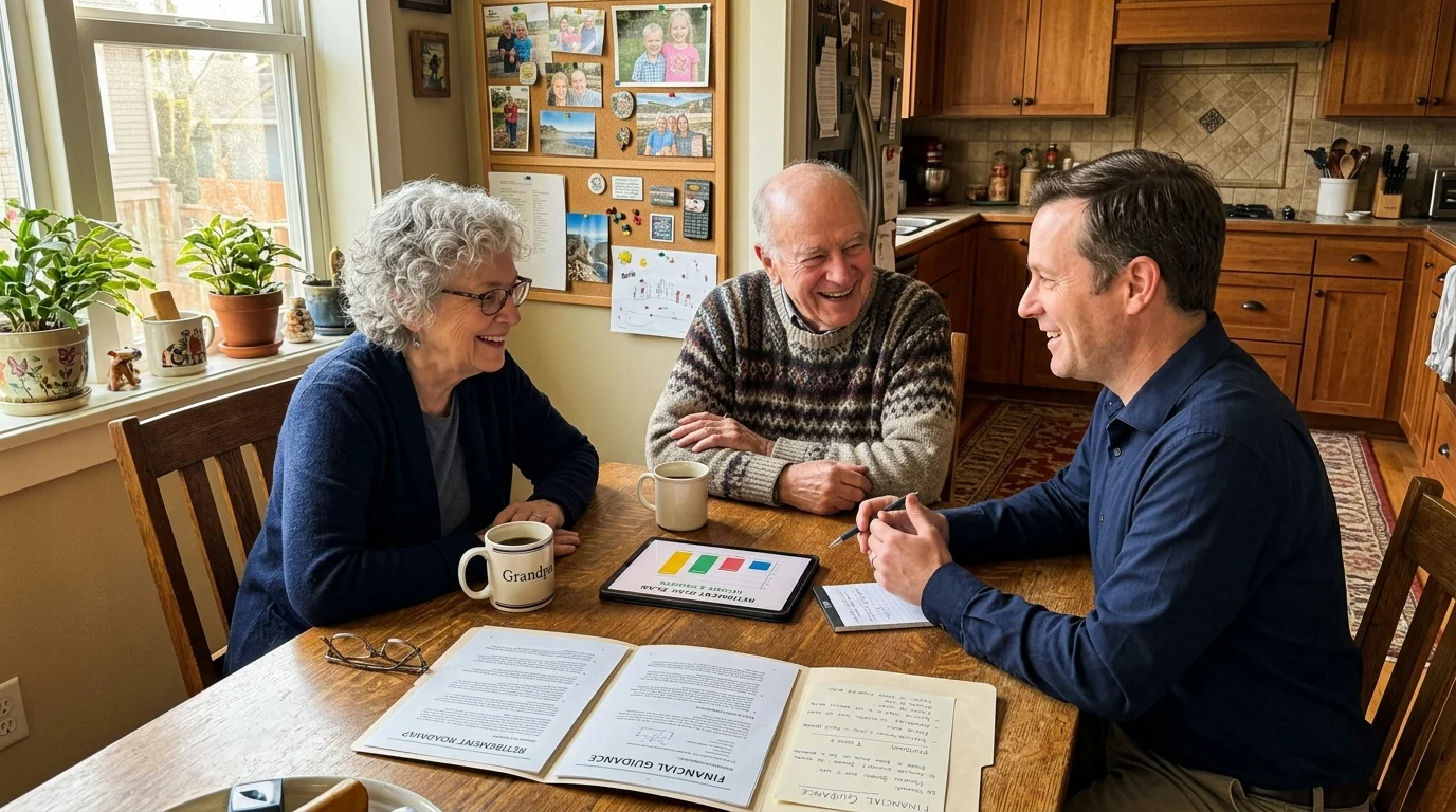 A financial advisor sits at a wooden table discussing retirement documents and a tablet chart with an elderly couple.