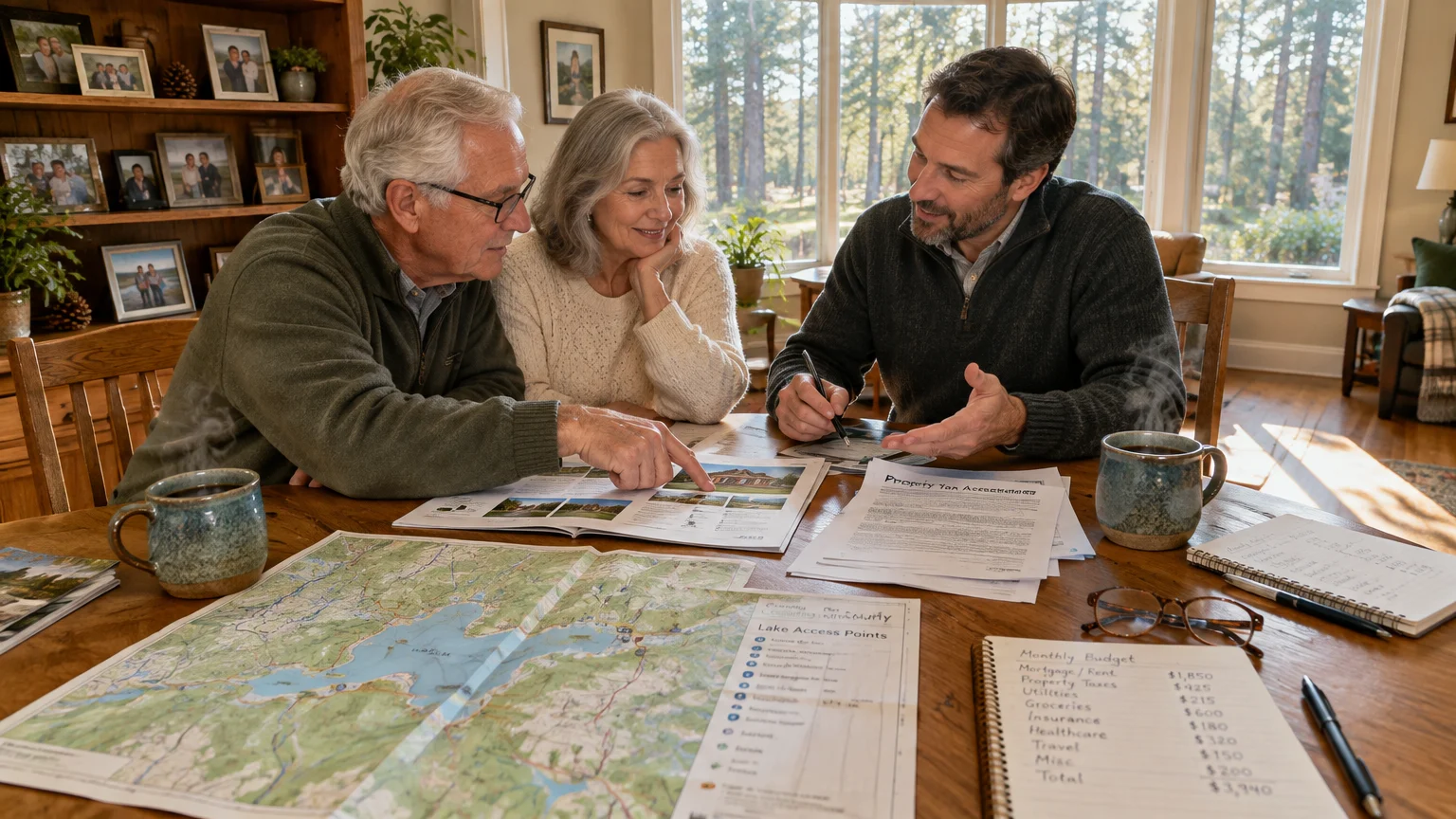 A senior couple and a younger man review maps, brochures, and financial paperwork at a dining table.