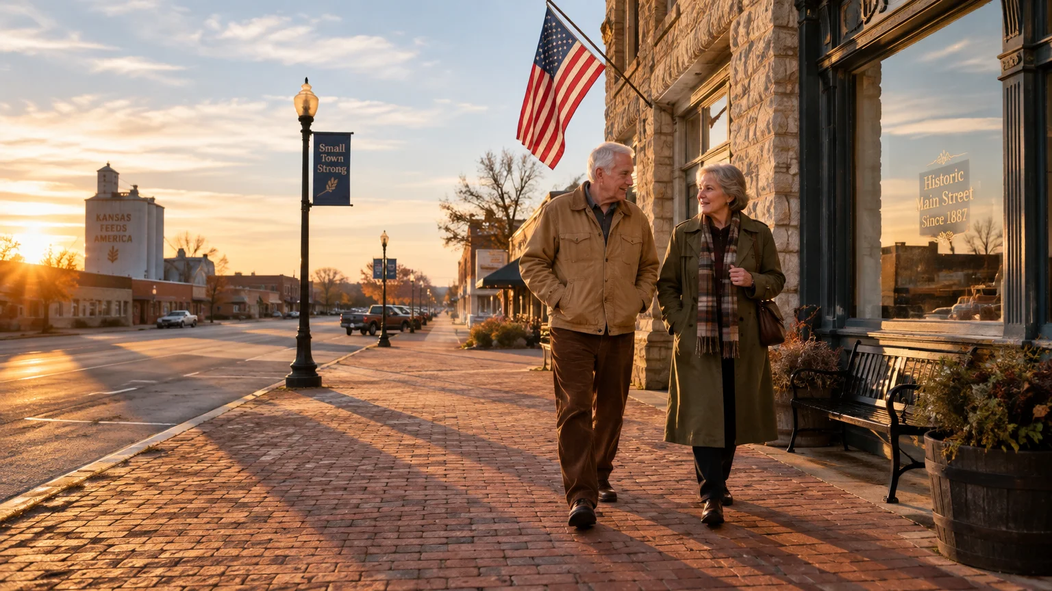 Senior couple walking along a brick sidewalk on a small-town main street lined with stone storefronts at sunset.