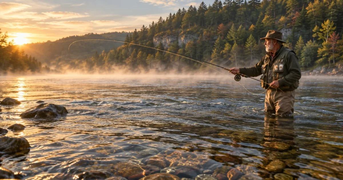 An older man wearing a hat and waders fly fishes in a misty, sunlit river at sunrise.