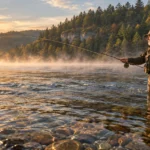 An older man wearing a hat and waders fly fishes in a misty, sunlit river at sunrise.