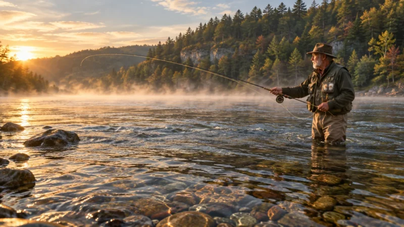 An older man wearing a hat and waders fly fishes in a misty, sunlit river at sunrise.