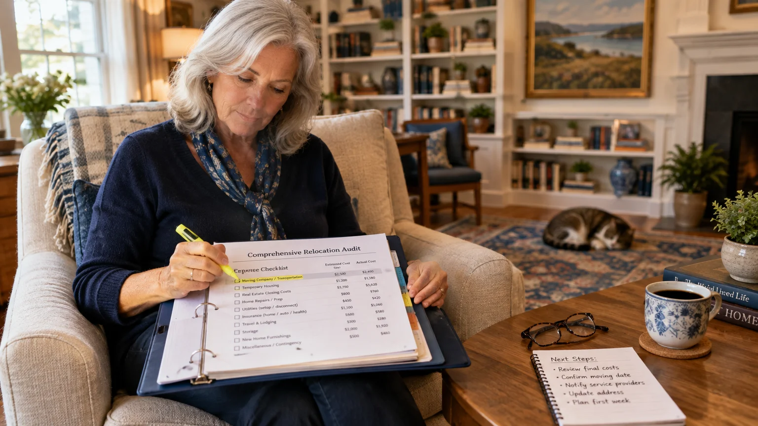 Woman sitting in an armchair highlighting a Comprehensive Relocation Audit checklist in a binder on her lap.