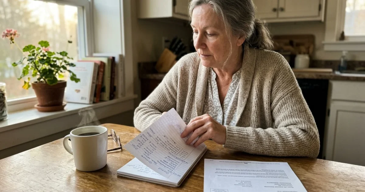 A woman seated at a wooden table reviewing paperwork and a notebook beside a steaming coffee mug.