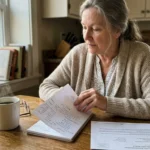 A woman seated at a wooden table reviewing paperwork and a notebook beside a steaming coffee mug.
