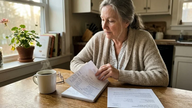 A woman seated at a wooden table reviewing paperwork and a notebook beside a steaming coffee mug.