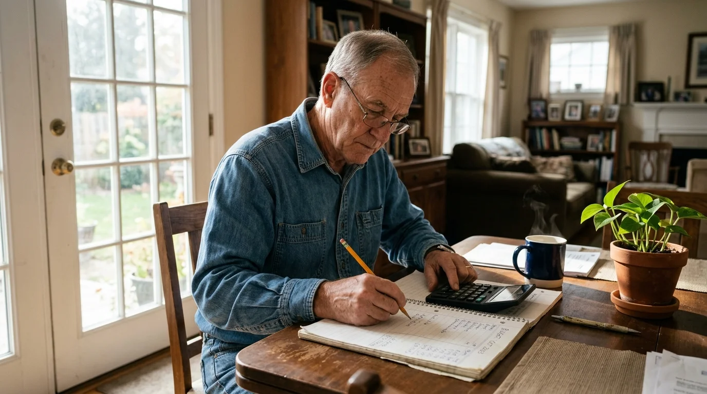 Senior man wearing glasses sits at a wooden dining table calculating numbers with a ledger, pencil, and calculator.