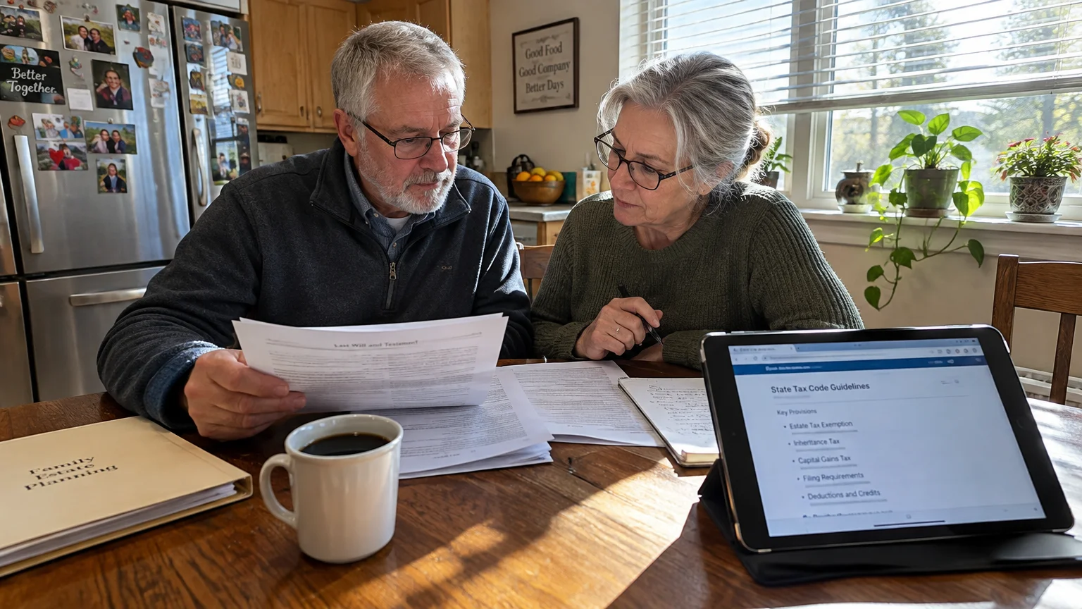 An older couple reviews estate planning papers and a tablet with tax guidelines at a sunlit kitchen table.