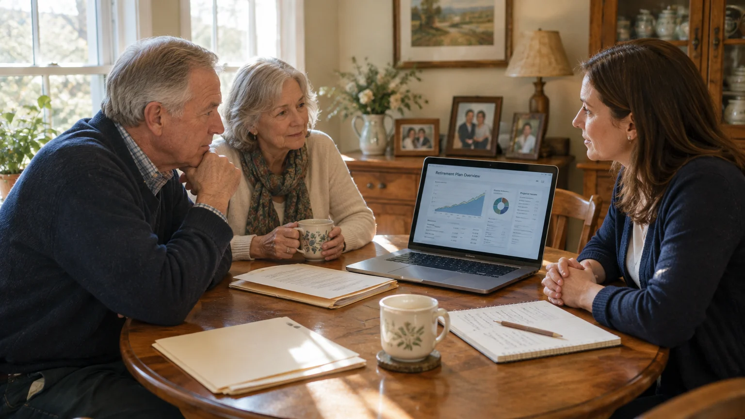 A senior couple sits at a wooden table with a financial advisor who presents retirement charts on a laptop.