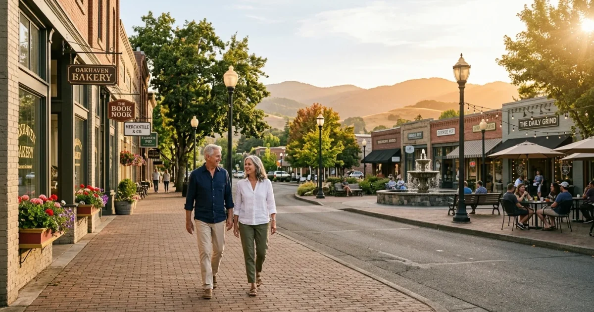 A senior couple walks along a brick sidewalk lined with storefronts and a fountain in a scenic small town at sunset.