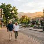 A senior couple walks along a brick sidewalk lined with storefronts and a fountain in a scenic small town at sunset.