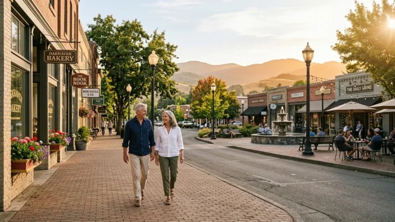 A senior couple walks along a brick sidewalk lined with storefronts and a fountain in a scenic small town at sunset.