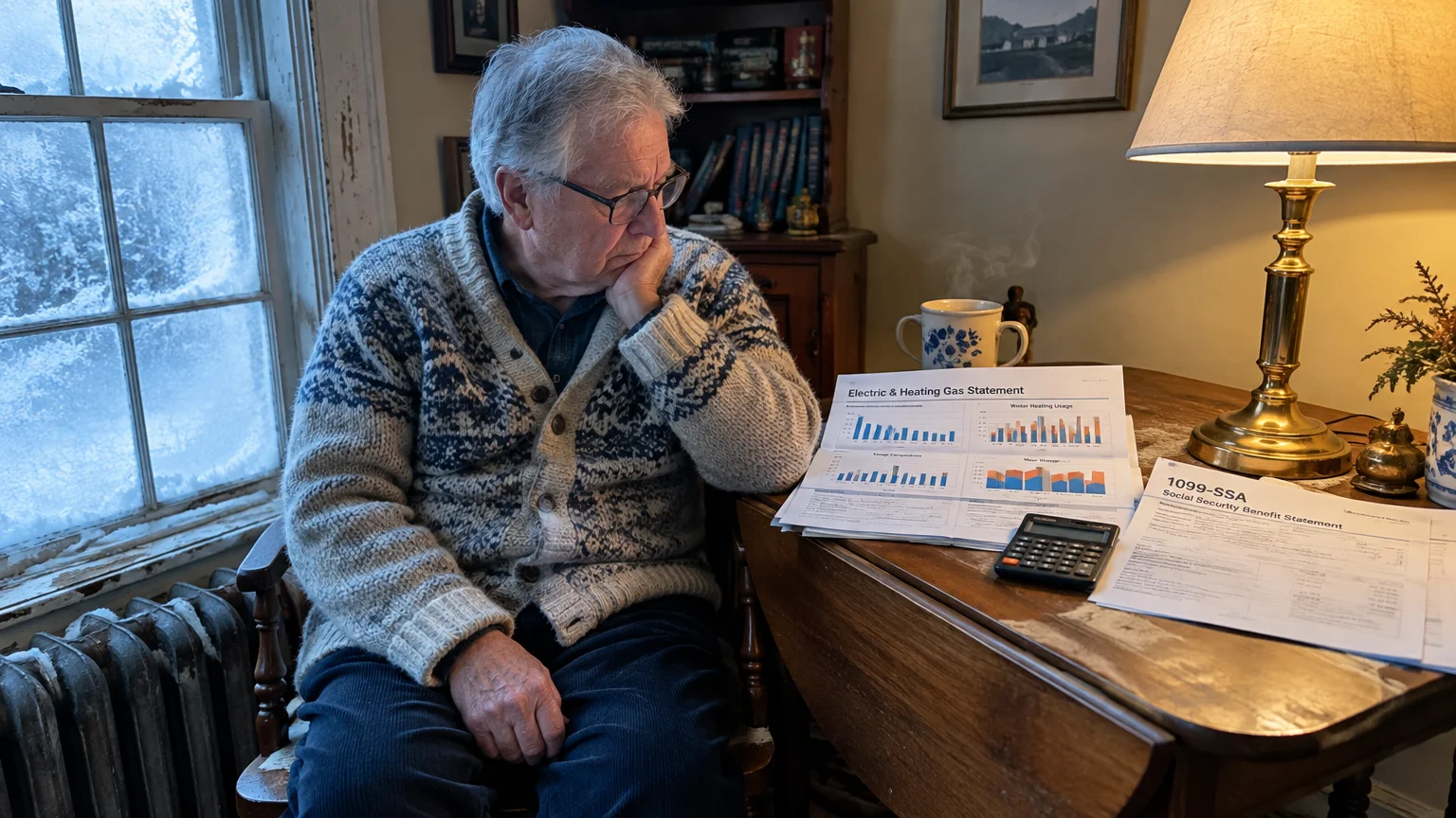Senior man in a cardigan sitting at a table with utility bills, a calculator, and a Social Security statement.