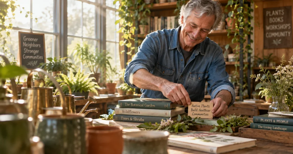 A smiling senior man arranges botanical books, signs, and potted plants in a sunlit plant nursery workshop.