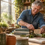 A smiling senior man arranges botanical books, signs, and potted plants in a sunlit plant nursery workshop.