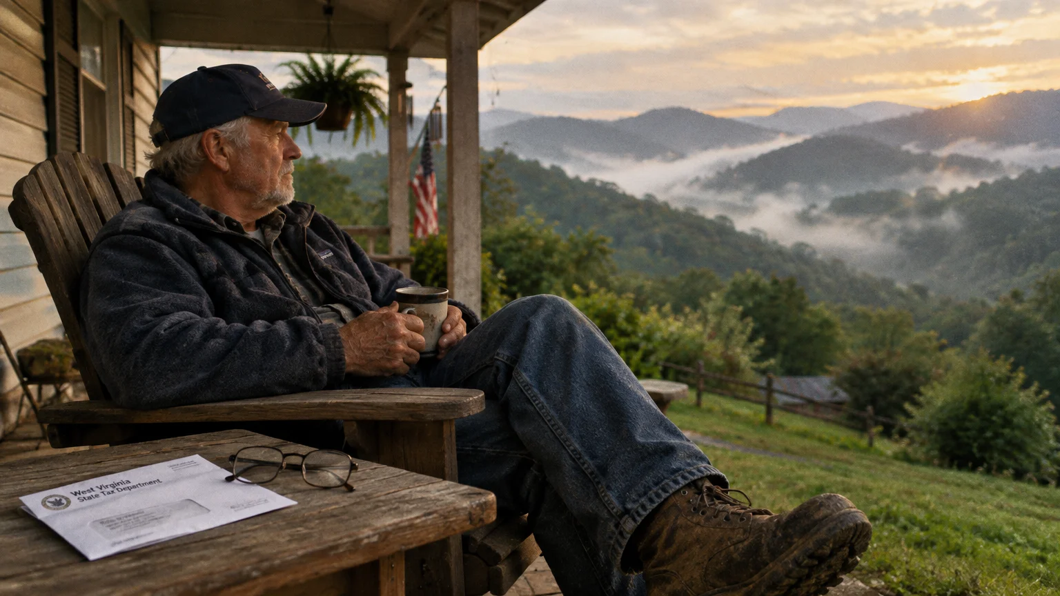 An older man sits on a rustic porch holding a mug, overlooking misty mountains with an envelope on a wooden table.