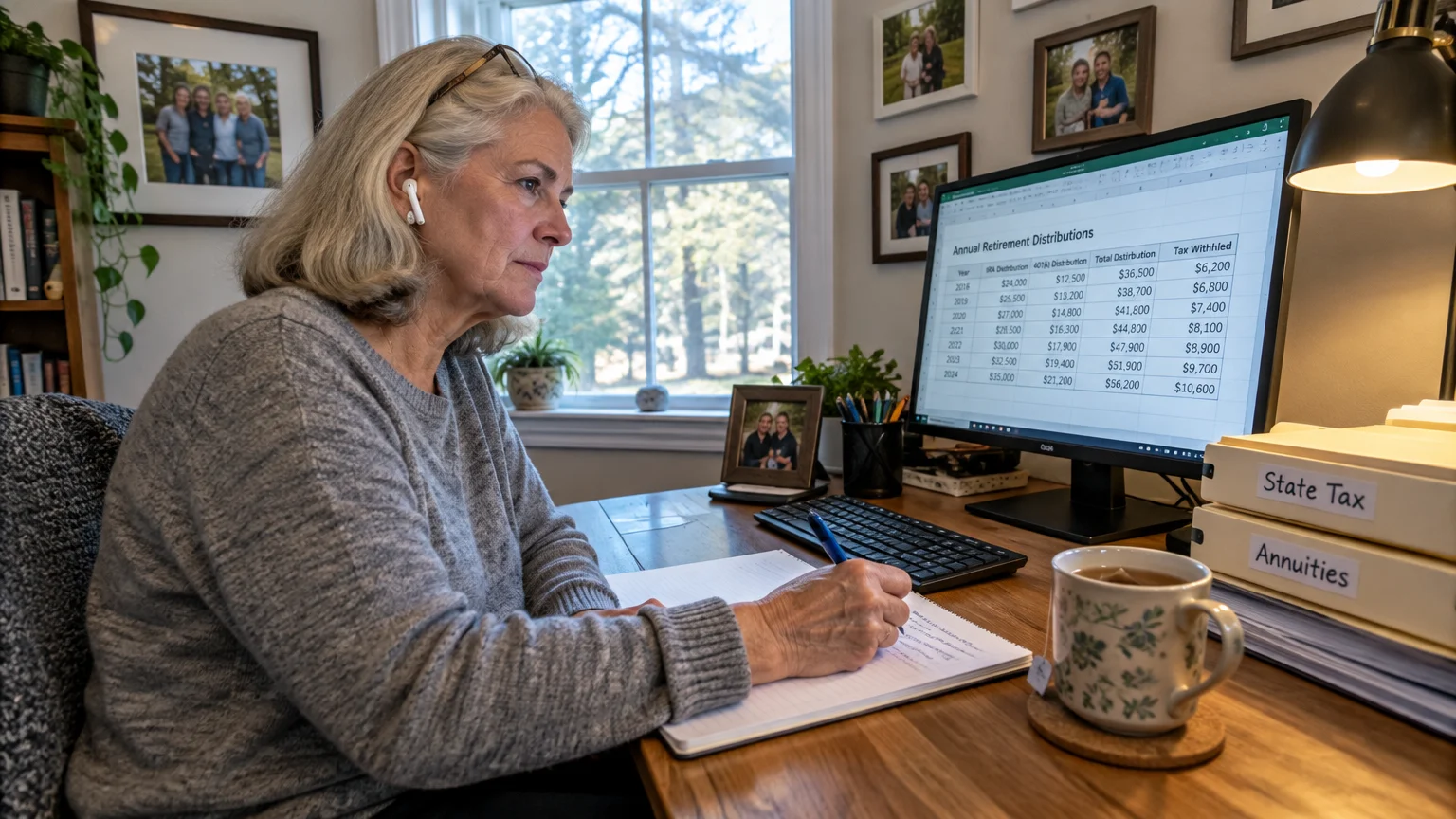 A woman reviews a retirement distribution spreadsheet on her computer while taking notes at her home office desk.