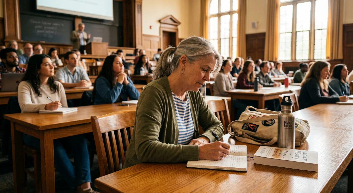 An older woman with gray hair writes in a notebook while sitting at a desk in a tiered university lecture hall.