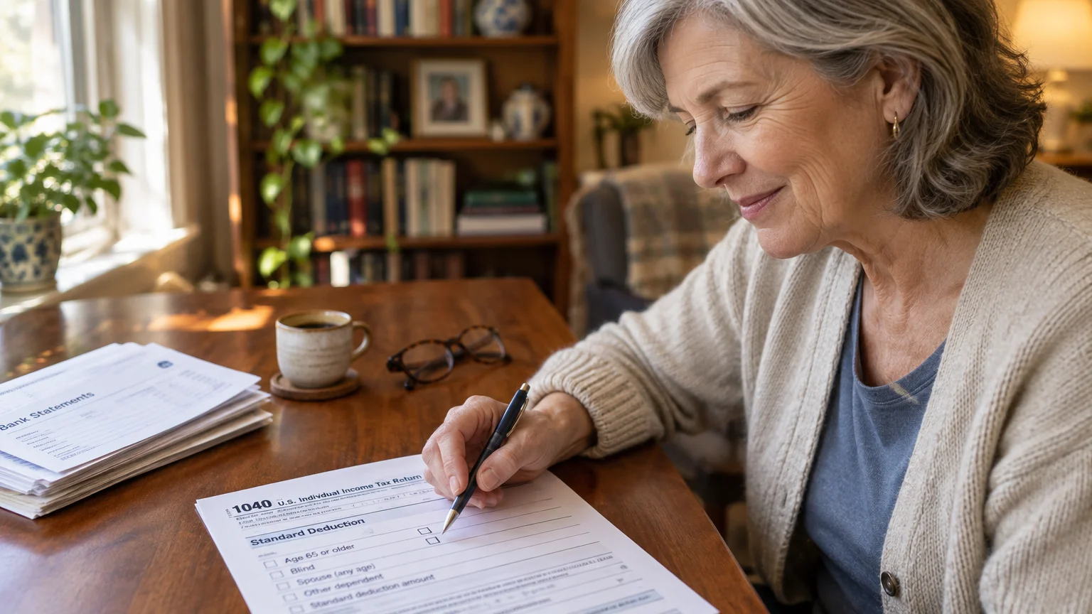 Senior woman filling out a Form 1040 tax return with a pen at a wooden table next to bank statements and coffee.
