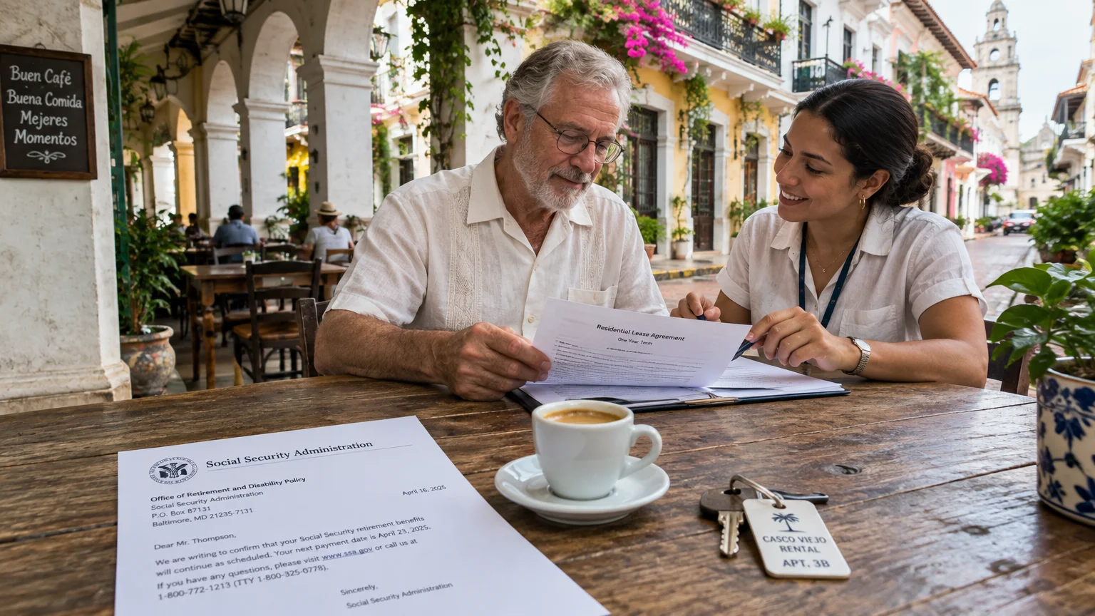 Older man and woman reviewing a lease agreement at an outdoor cafe table with coffee, keys, and an official letter.