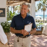 Smiling senior staff member holding a clipboard while greeting a couple on a sunny beach resort terrace.