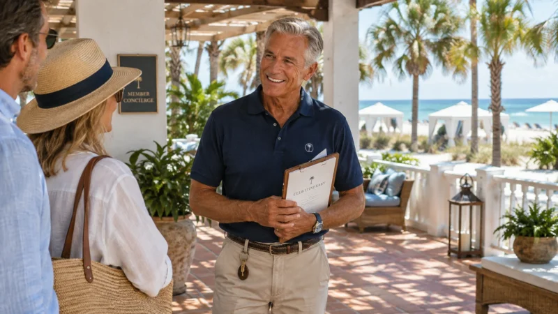 Smiling senior staff member holding a clipboard while greeting a couple on a sunny beach resort terrace.