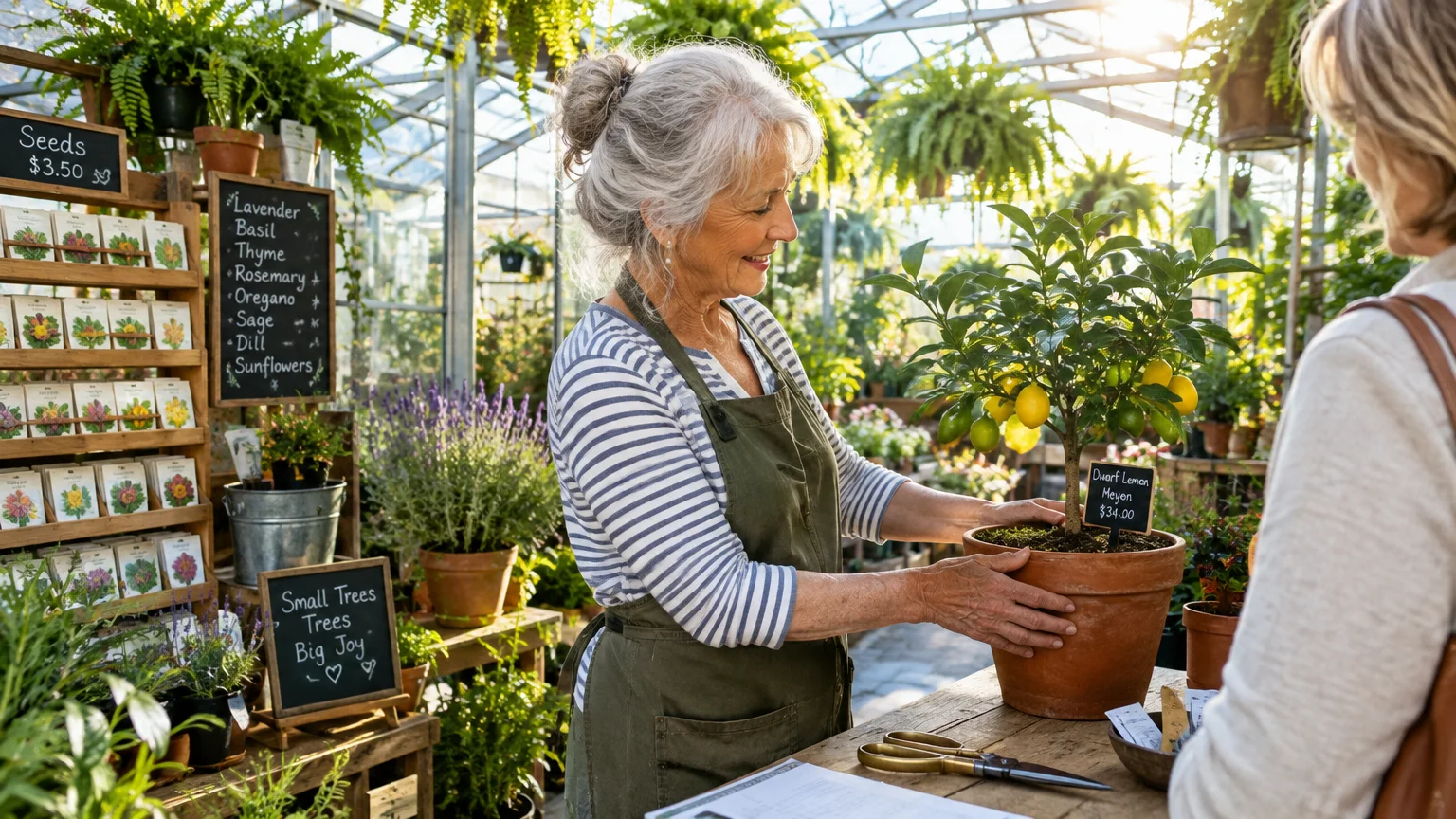 A senior woman wearing an apron assists a customer with a potted lemon tree inside a sunlit plant nursery.