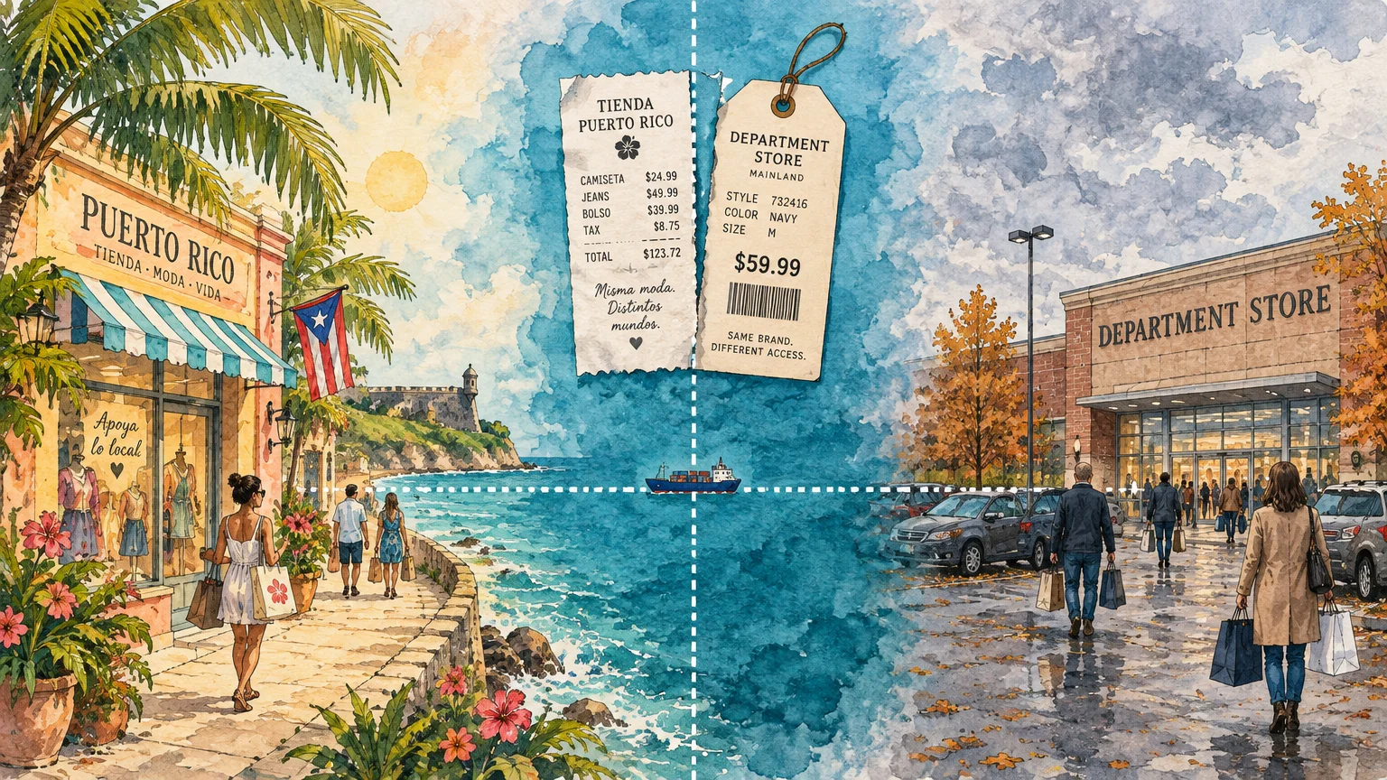 Split illustration showing a sunny coastal Puerto Rico storefront beside a receipt and a rainy mainland department store.