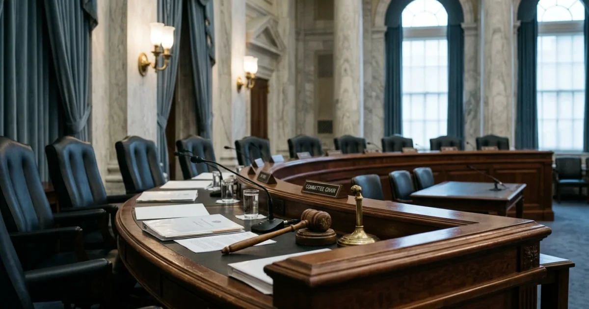 Empty congressional committee hearing room with a curved wooden dais, leather chairs, microphones, and a gavel.