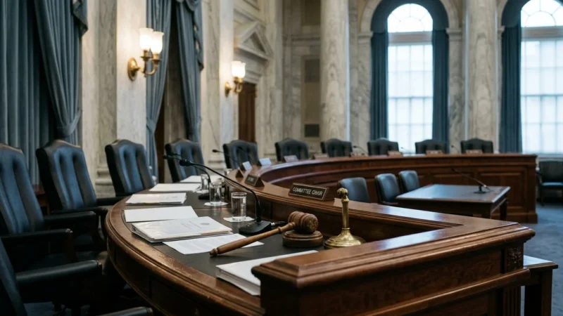 Empty congressional committee hearing room with a curved wooden dais, leather chairs, microphones, and a gavel.