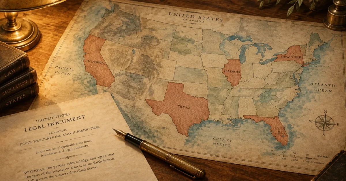 Vintage map of the United States on a wooden desk with highlighted states, alongside a legal document, pen, and books.