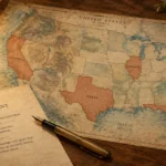 Vintage map of the United States on a wooden desk with highlighted states, alongside a legal document, pen, and books.