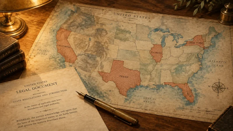 Vintage map of the United States on a wooden desk with highlighted states, alongside a legal document, pen, and books.